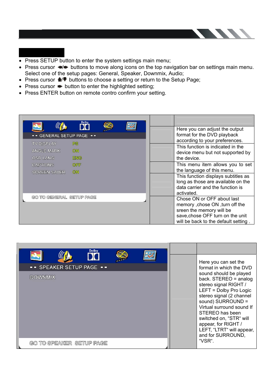 Setup menu, General settings, Speaker settings | Farenheit Technologies DVD-22T User Manual | Page 18 / 25