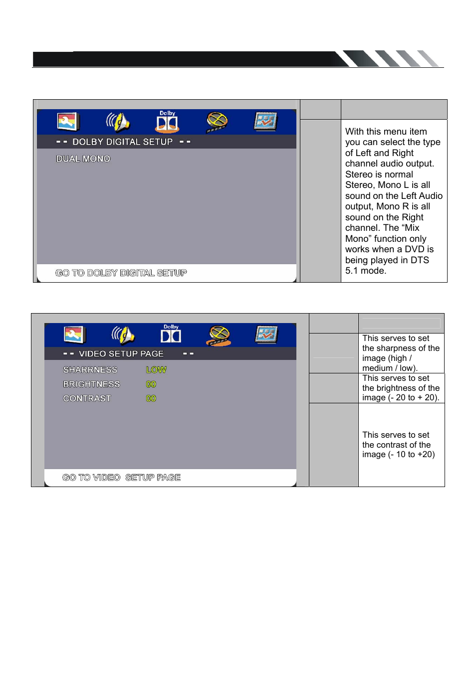 Dolby settings, Video settings | Farenheit Technologies DVD-22T User Manual | Page 19 / 25