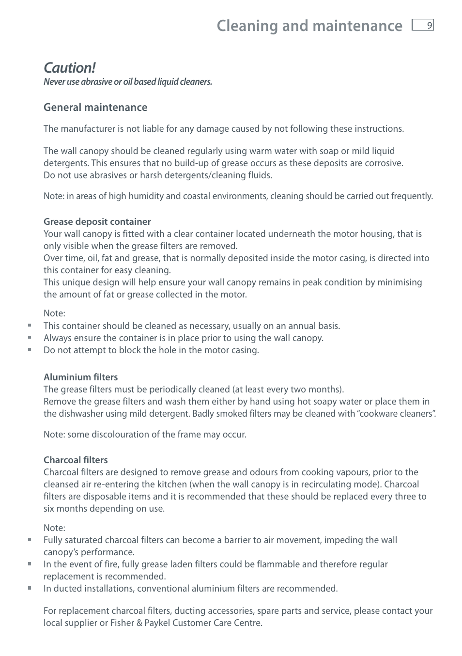 Cleaning and maintenance, Caution | Fisher & Paykel WALL CANOPY HC90PCHTX1 User Manual | Page 11 / 16