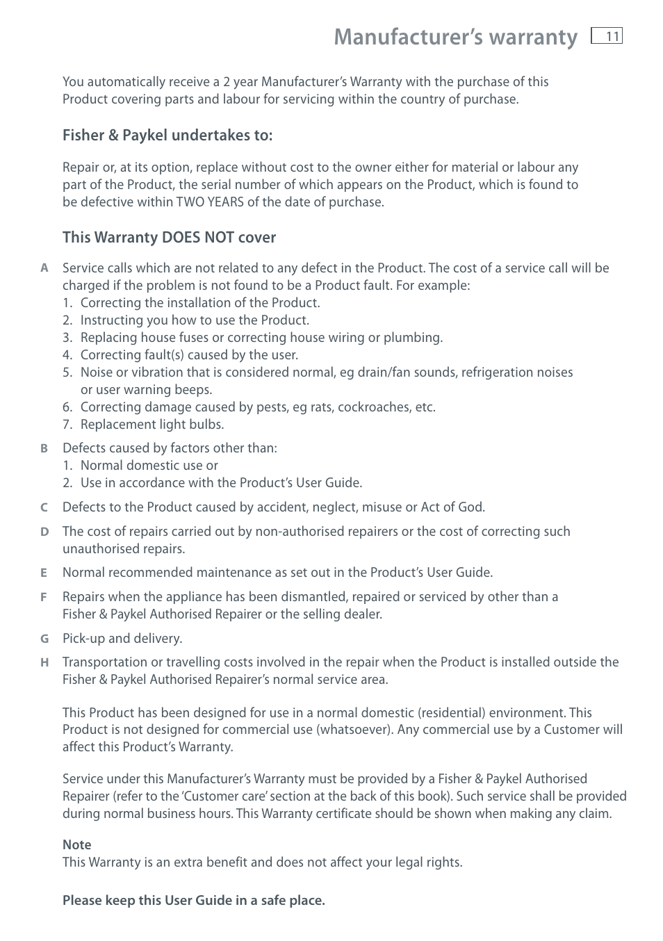 Manufacturer’s warranty | Fisher & Paykel WALL CANOPY HC90PCHTX1 User Manual | Page 13 / 16