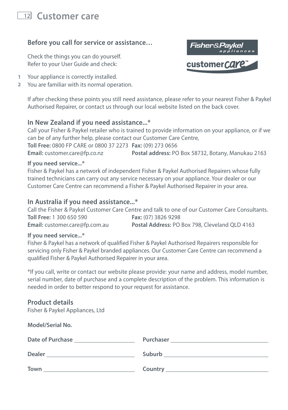 Customer care | Fisher & Paykel WALL CANOPY HC90PCHTX1 User Manual | Page 14 / 16