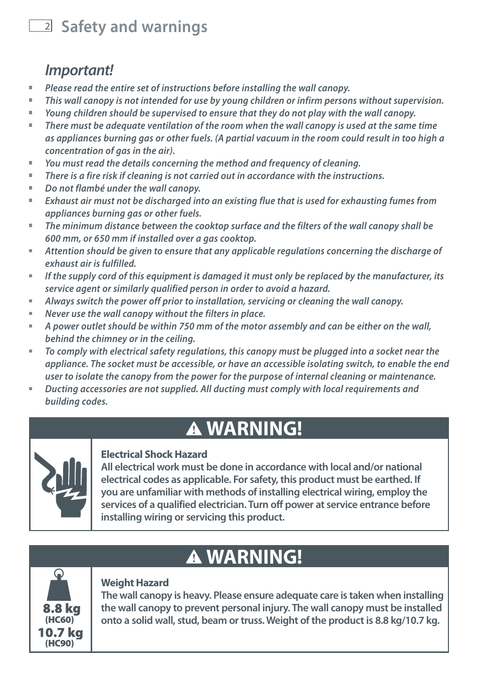 Warning, Safety and warnings, Important | Fisher & Paykel WALL CANOPY HC90PCHTX1 User Manual | Page 4 / 16