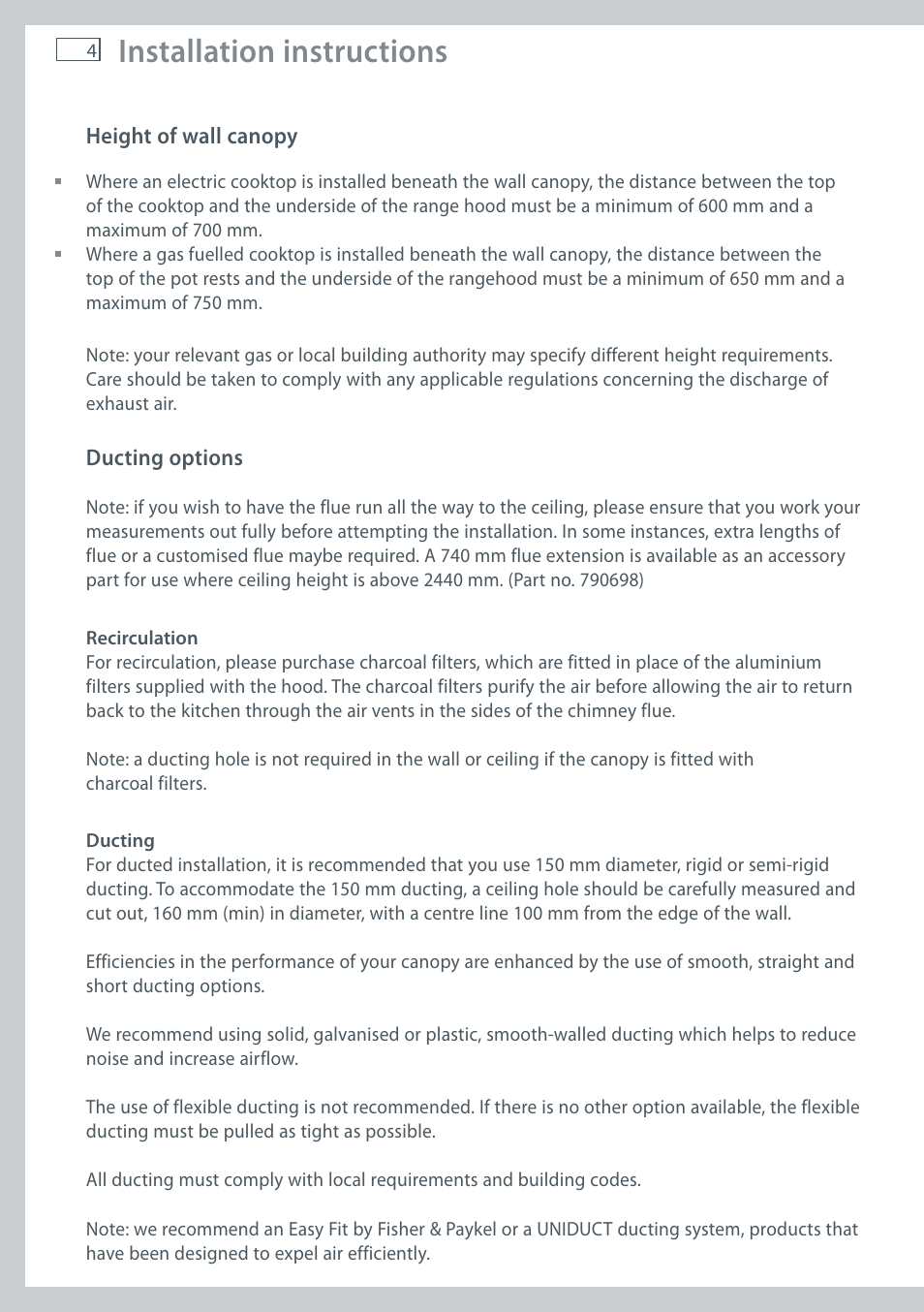 Installation instructions | Fisher & Paykel WALL CANOPY HC90PCHTX1 User Manual | Page 6 / 16