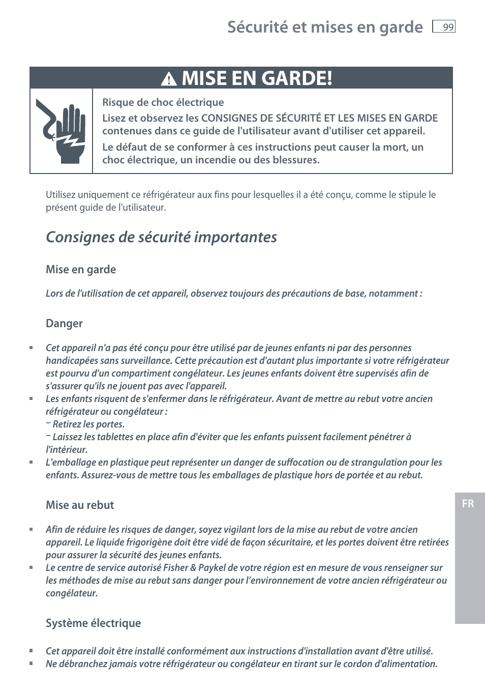 Mise en garde, Sécurité et mises en garde, Consignes de sécurité importantes | Fisher & Paykel RX256 User Manual | Page 101 / 148