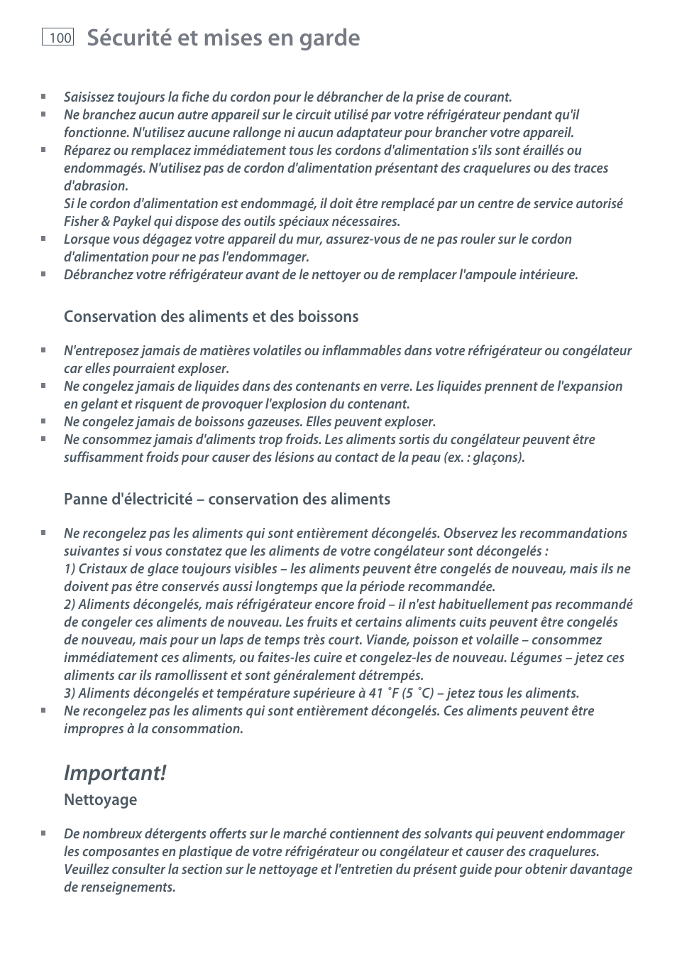 Sécurité et mises en garde, Important | Fisher & Paykel RX256 User Manual | Page 102 / 148