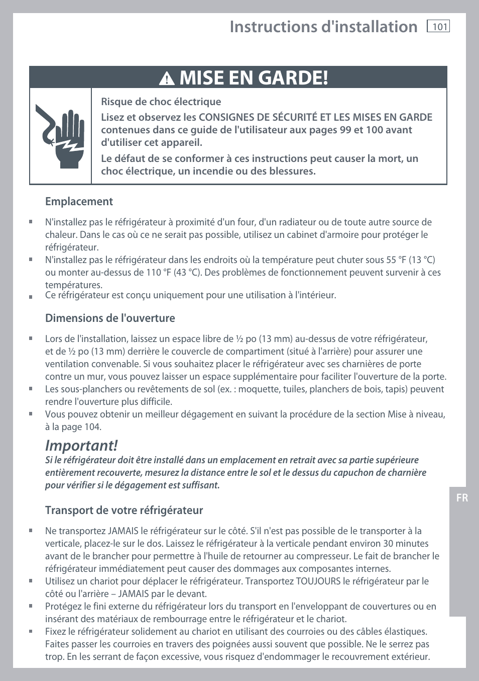 Mise en garde, Instructions d'installation, Important | Fisher & Paykel RX256 User Manual | Page 103 / 148