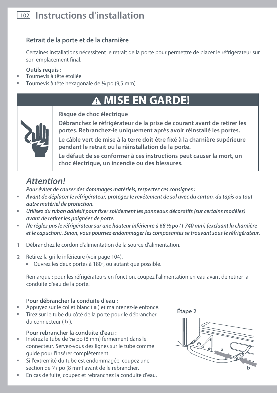 Mise en garde, Instructions d'installation, Attention | Fisher & Paykel RX256 User Manual | Page 104 / 148