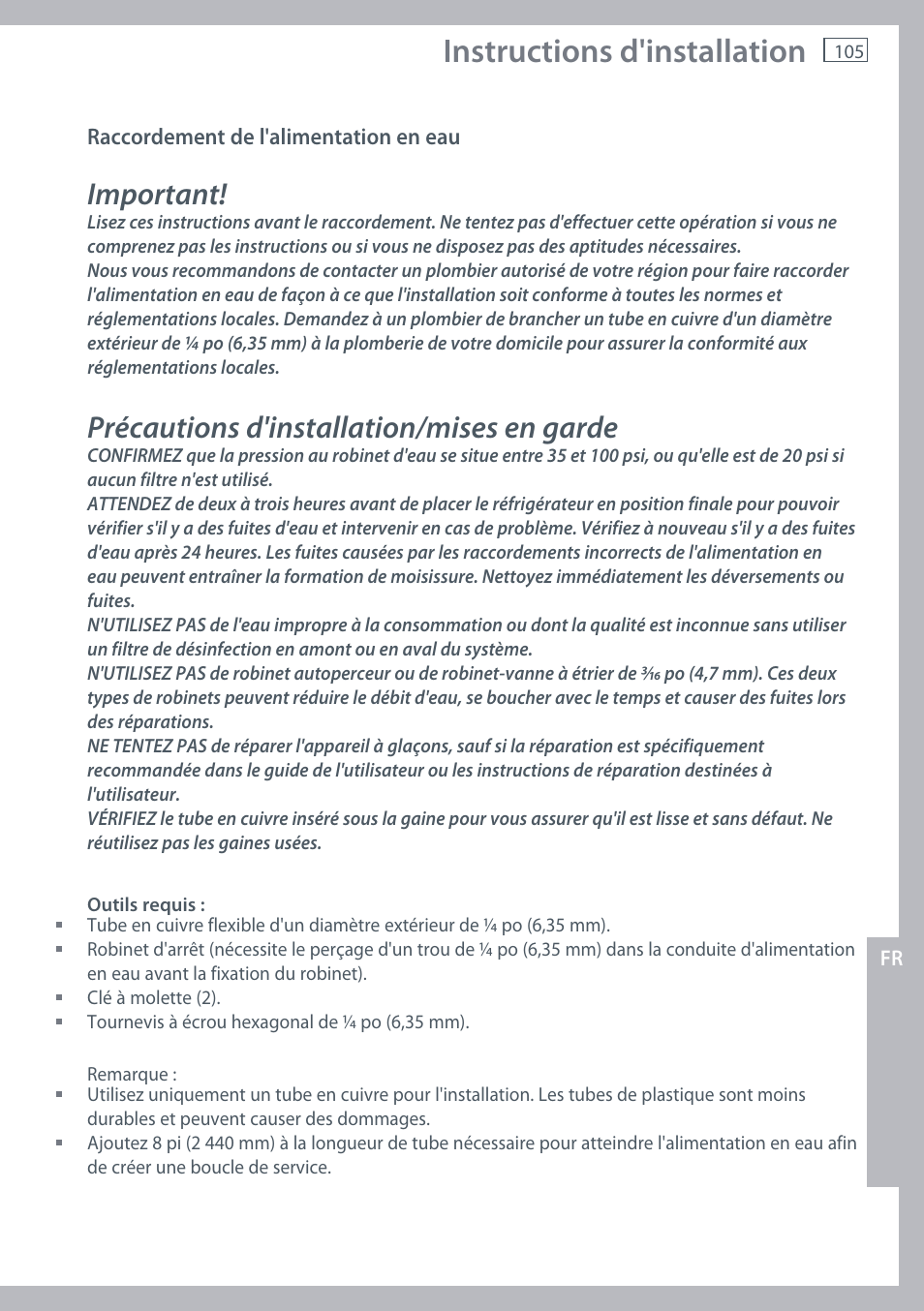 Instructions d'installation, Important, Précautions d'installation/mises en garde | Fisher & Paykel RX256 User Manual | Page 107 / 148