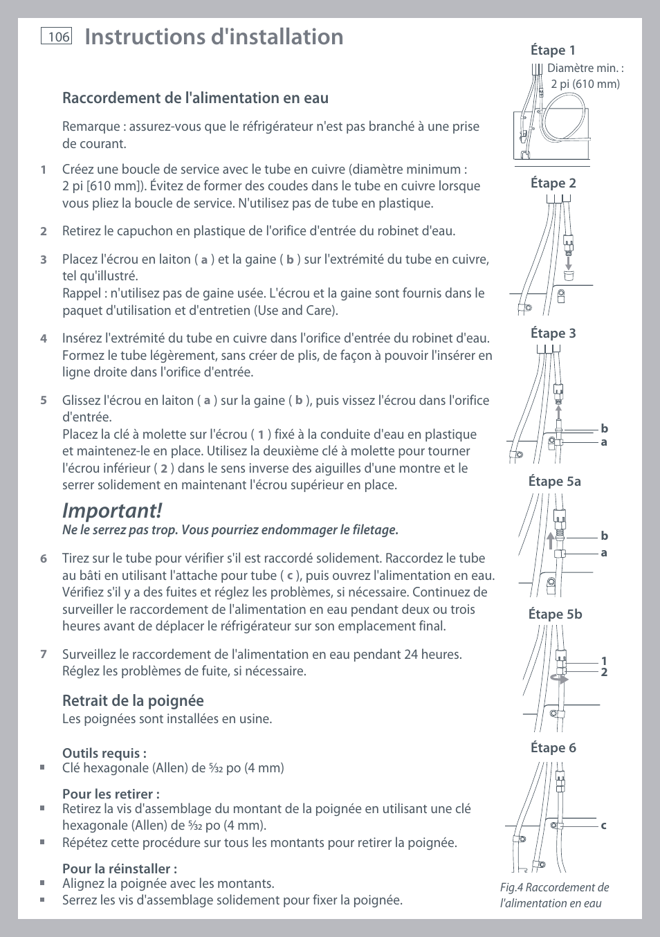 Instructions d'installation, Important | Fisher & Paykel RX256 User Manual | Page 108 / 148