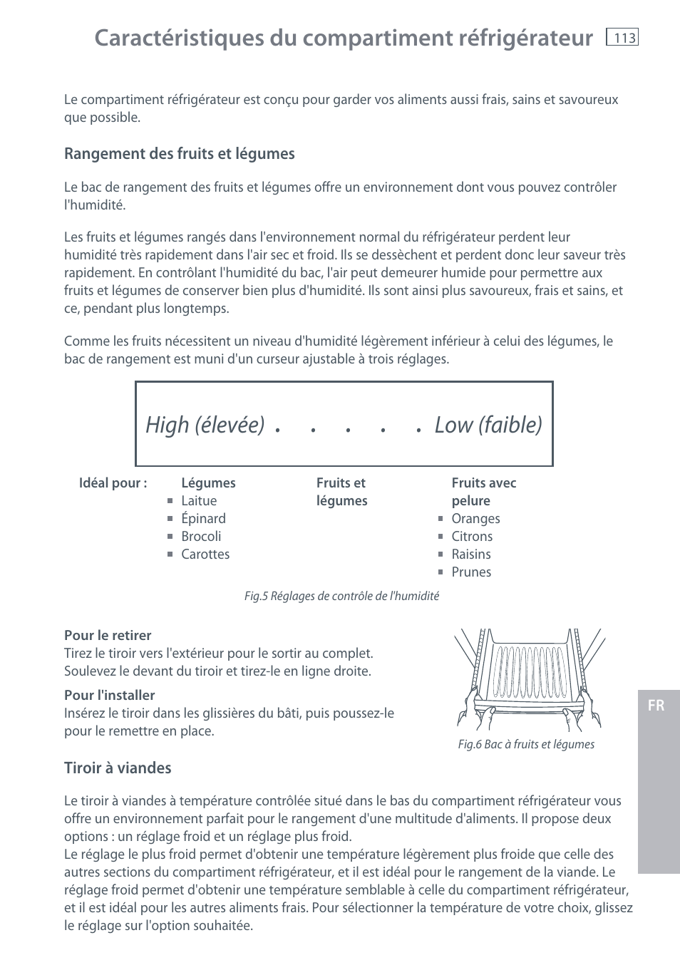Caractéristiques du compartiment réfrigérateur, High (élevée) low (faible) | Fisher & Paykel RX256 User Manual | Page 115 / 148