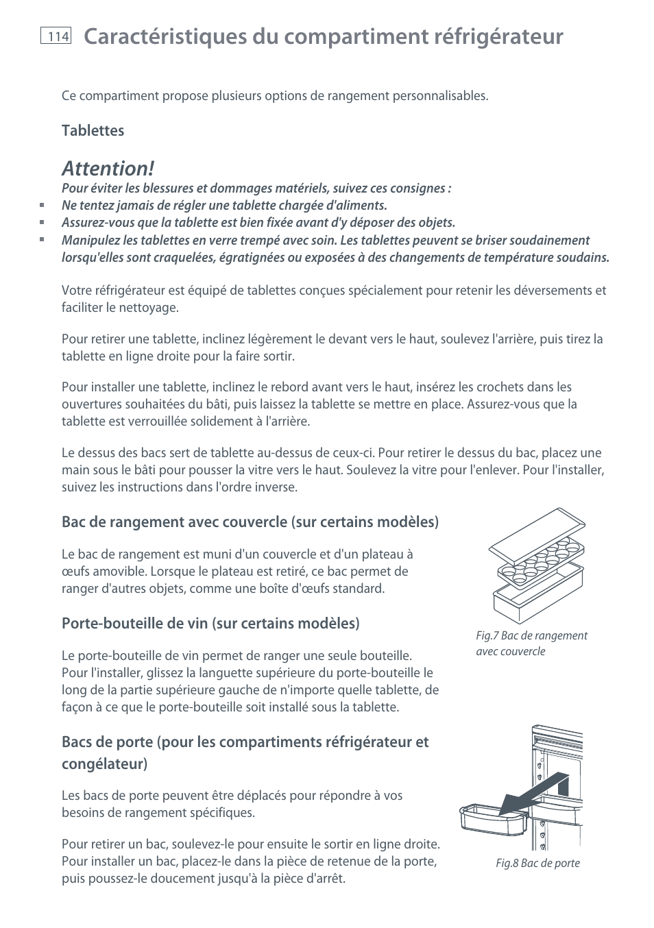 Caractéristiques du compartiment réfrigérateur, Attention | Fisher & Paykel RX256 User Manual | Page 116 / 148
