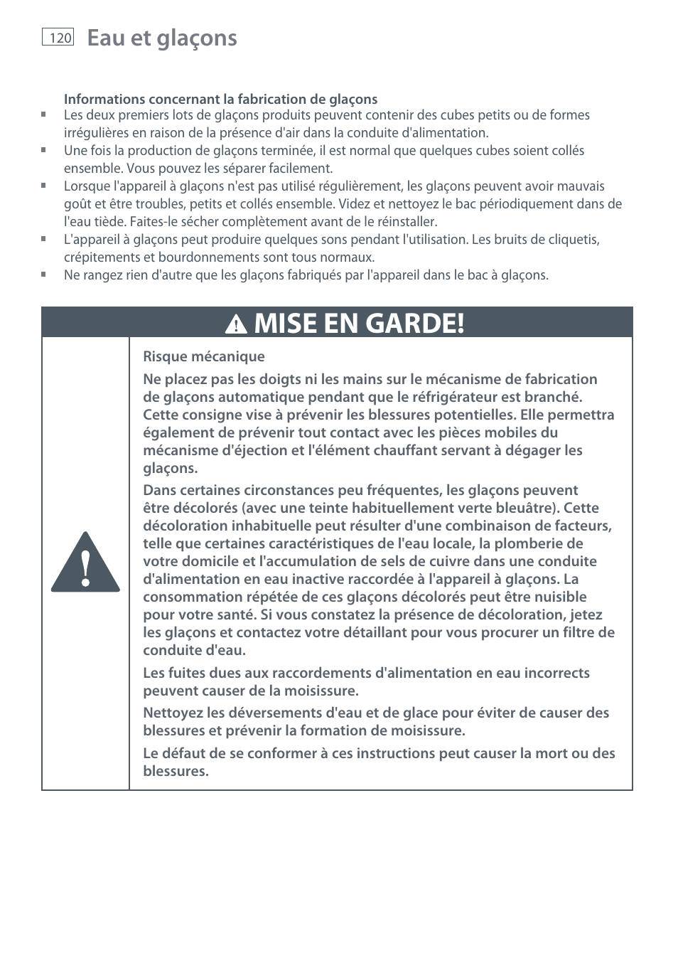 Mise en garde, Eau et glaçons | Fisher & Paykel RX256 User Manual | Page 122 / 148