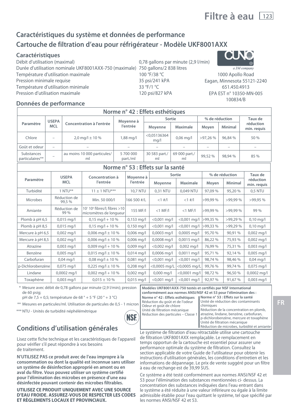 Filtre à eau, Conditions d’utilisation générales, Norme n° 42 : effets esthétiques | Norme n° 53 : effets sur la santé, Caractéristiques, Données de performance | Fisher & Paykel RX256 User Manual | Page 125 / 148