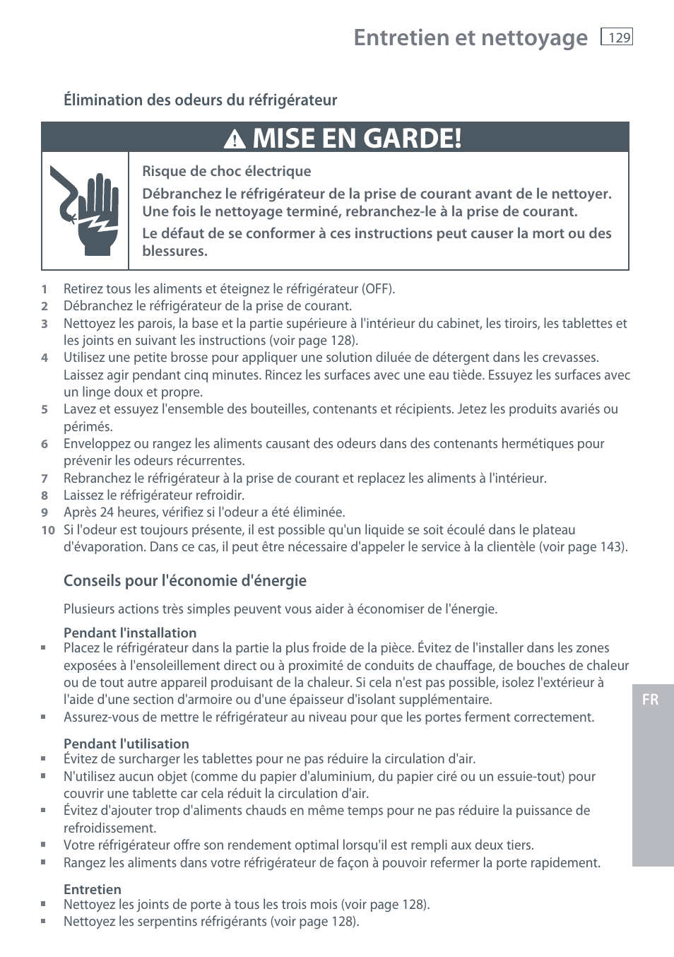 Mise en garde, Entretien et nettoyage | Fisher & Paykel RX256 User Manual | Page 131 / 148