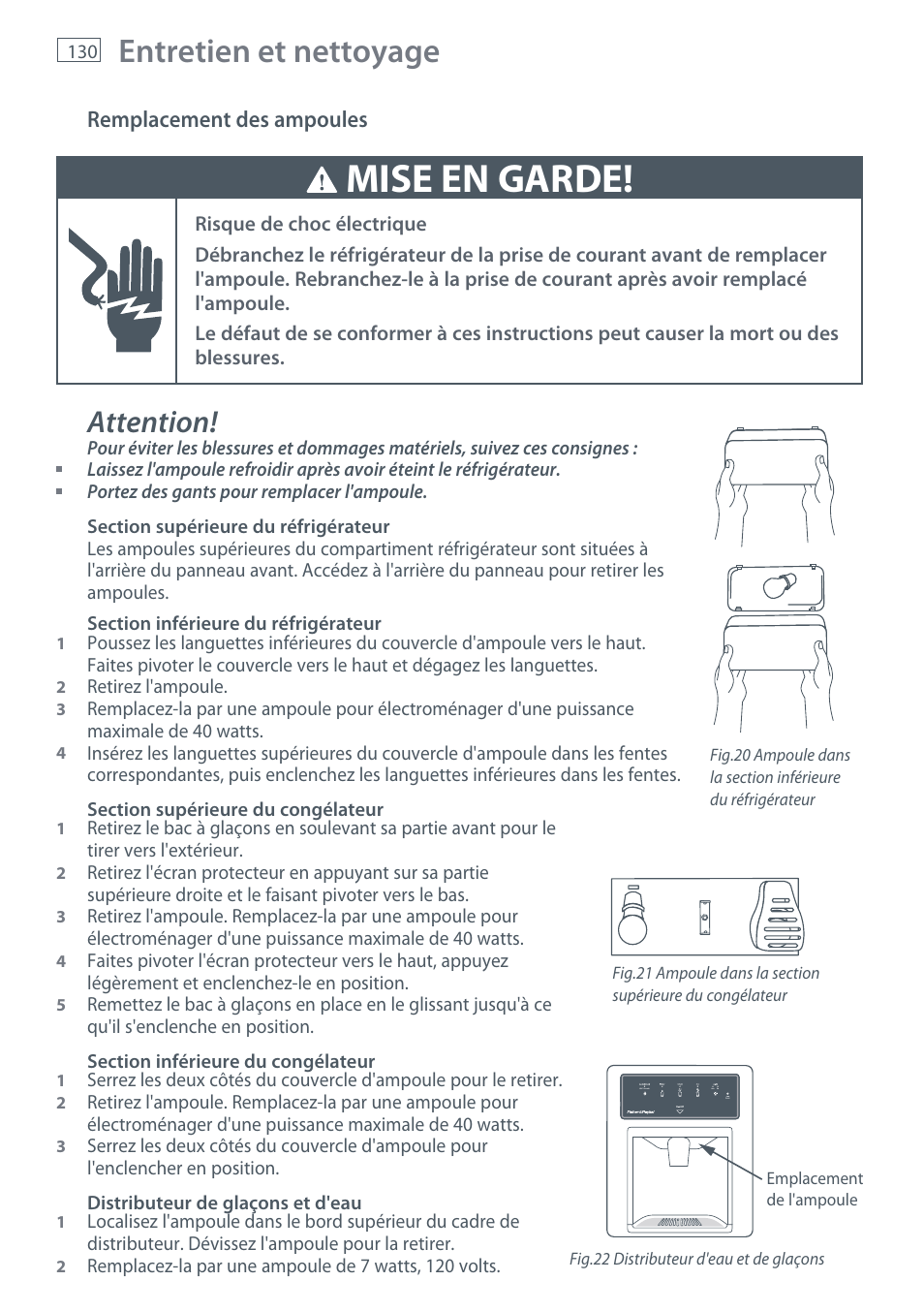 Mise en garde, Entretien et nettoyage, Attention | Fisher & Paykel RX256 User Manual | Page 132 / 148