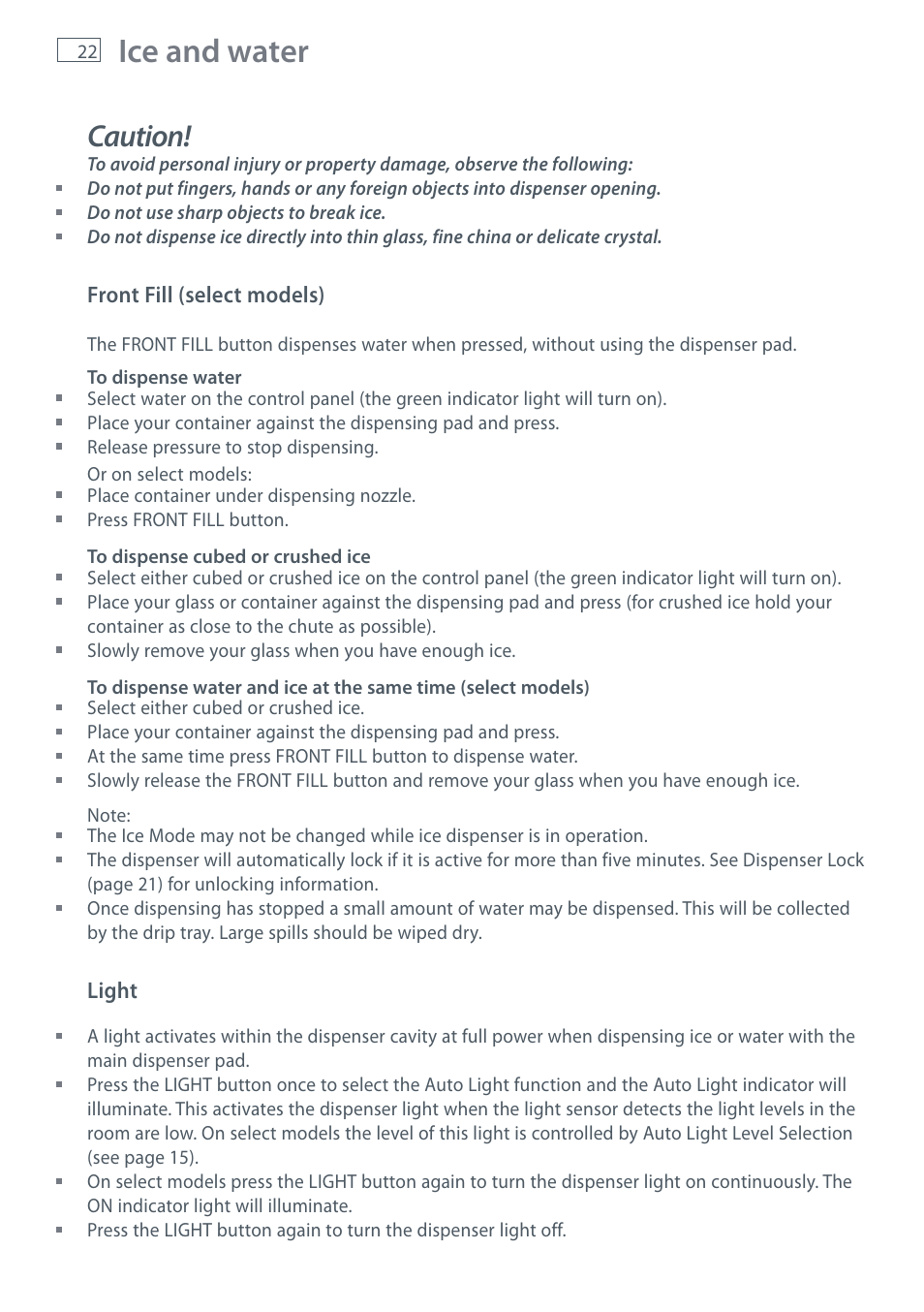 Ice and water, Caution | Fisher & Paykel RX256 User Manual | Page 24 / 148