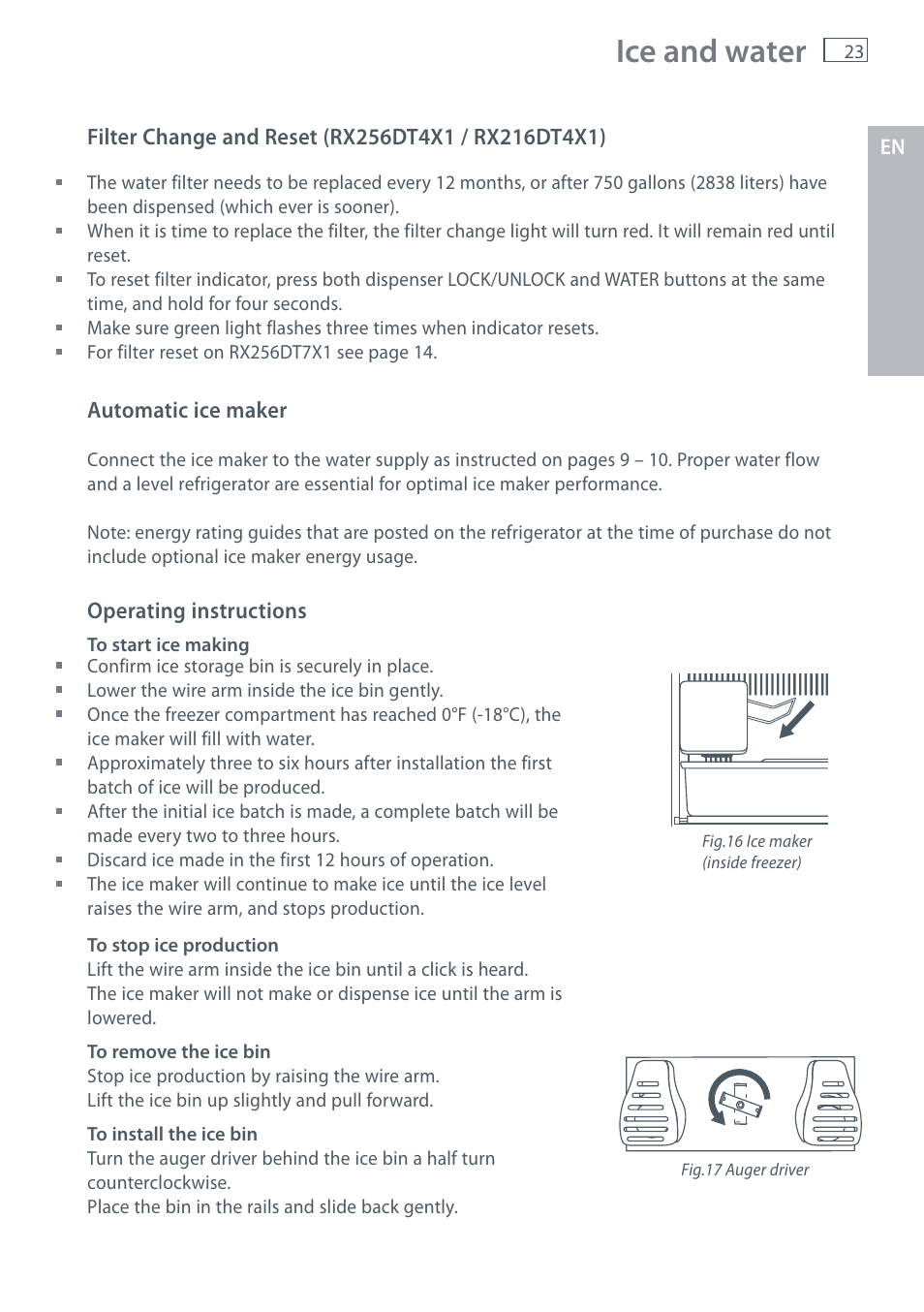 Ice and water | Fisher & Paykel RX256 User Manual | Page 25 / 148