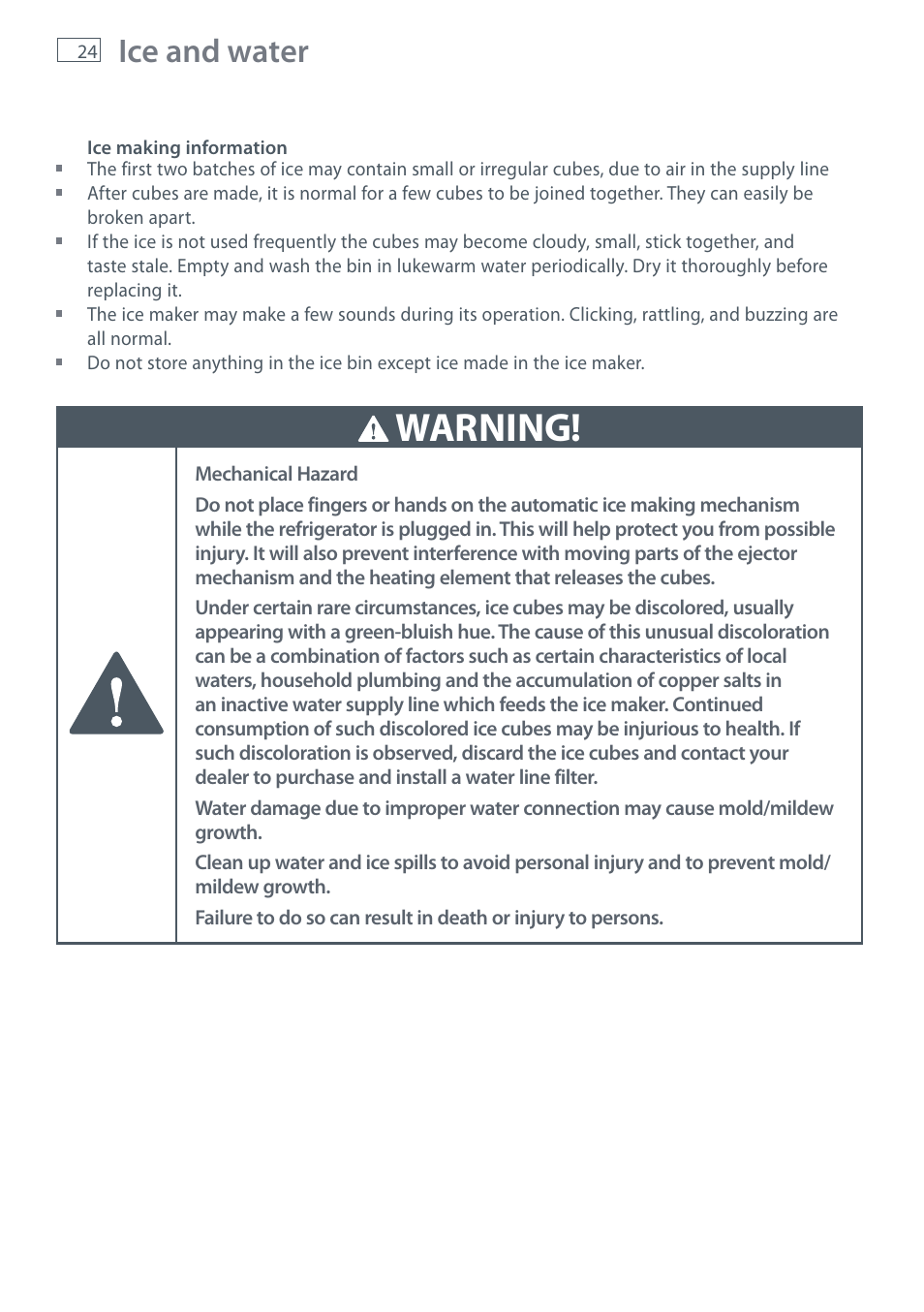 Warning, Ice and water | Fisher & Paykel RX256 User Manual | Page 26 / 148