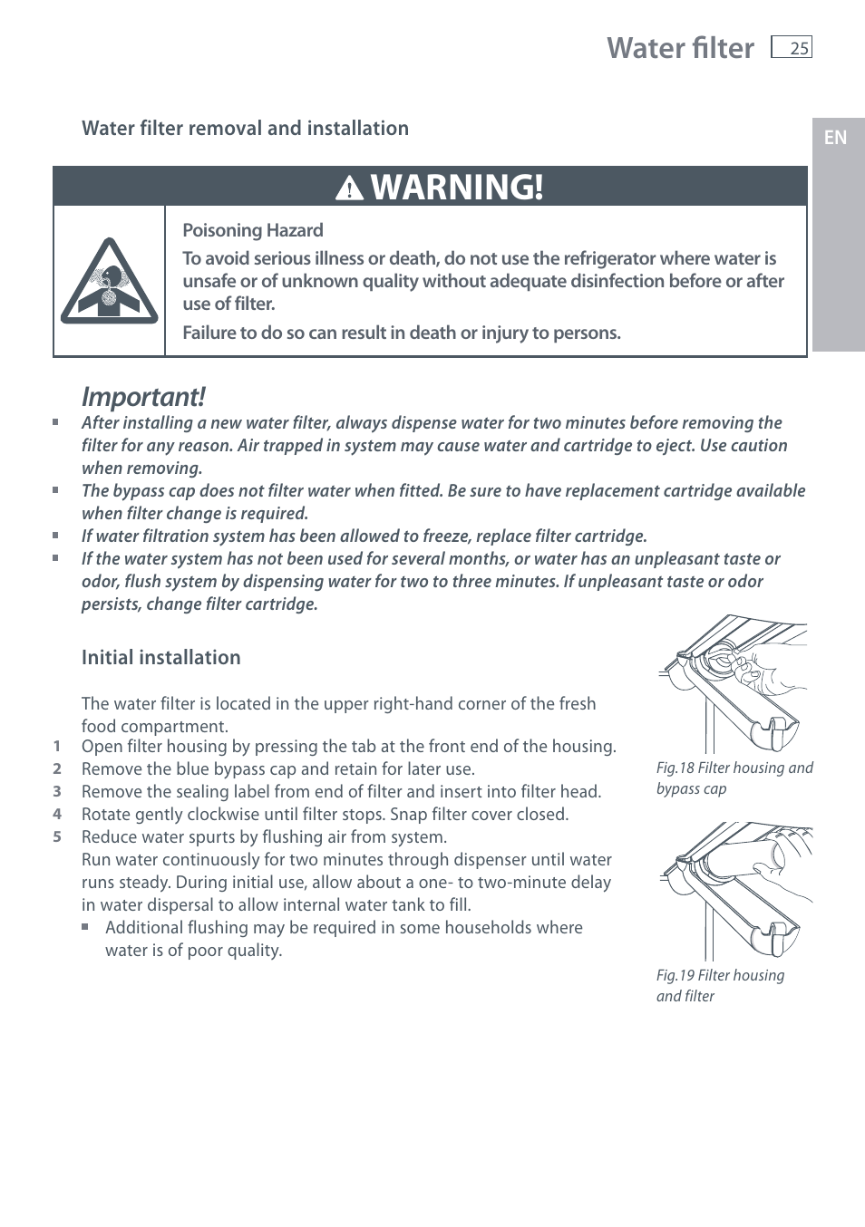 Warning, Water filter, Important | Fisher & Paykel RX256 User Manual | Page 27 / 148