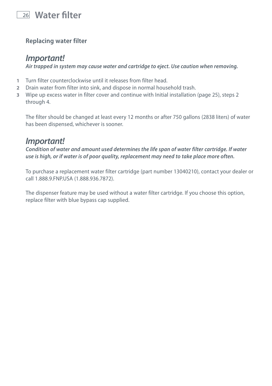 Water filter, Important | Fisher & Paykel RX256 User Manual | Page 28 / 148