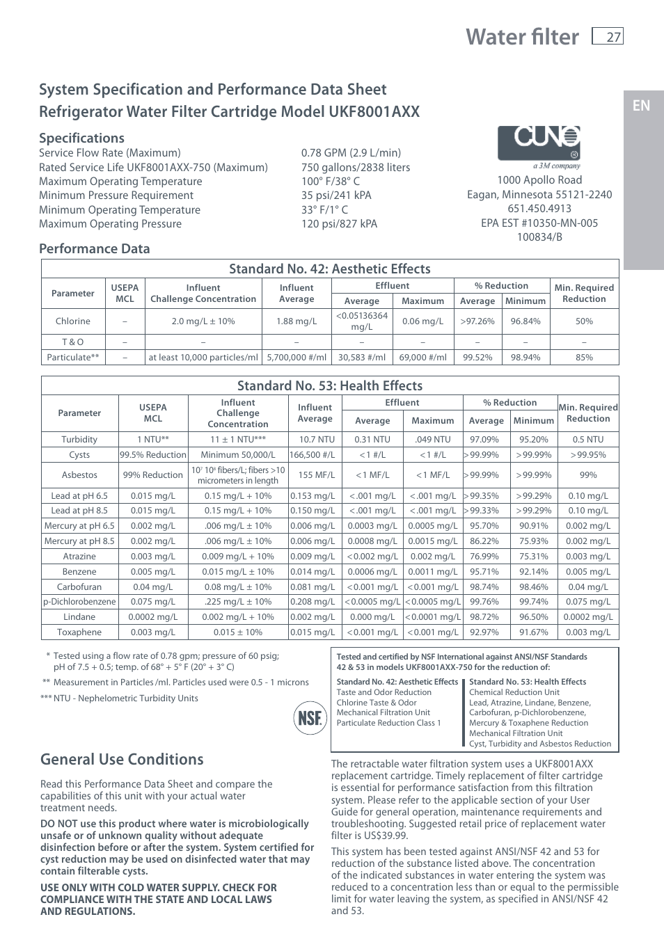 Water filter, General use conditions, Specifications | Performance data, Standard no. 42: aesthetic effects, Standard no. 53: health effects | Fisher & Paykel RX256 User Manual | Page 29 / 148