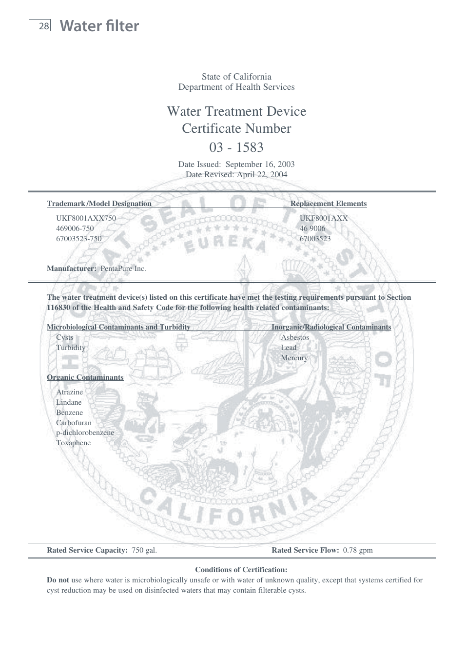 Water filter | Fisher & Paykel RX256 User Manual | Page 30 / 148