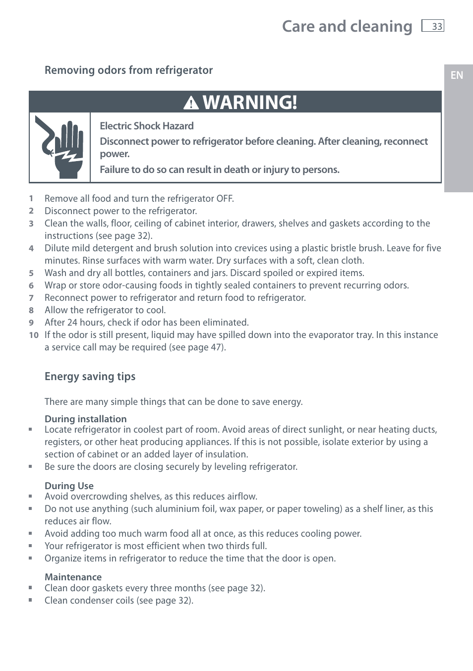 Warning, Care and cleaning | Fisher & Paykel RX256 User Manual | Page 35 / 148