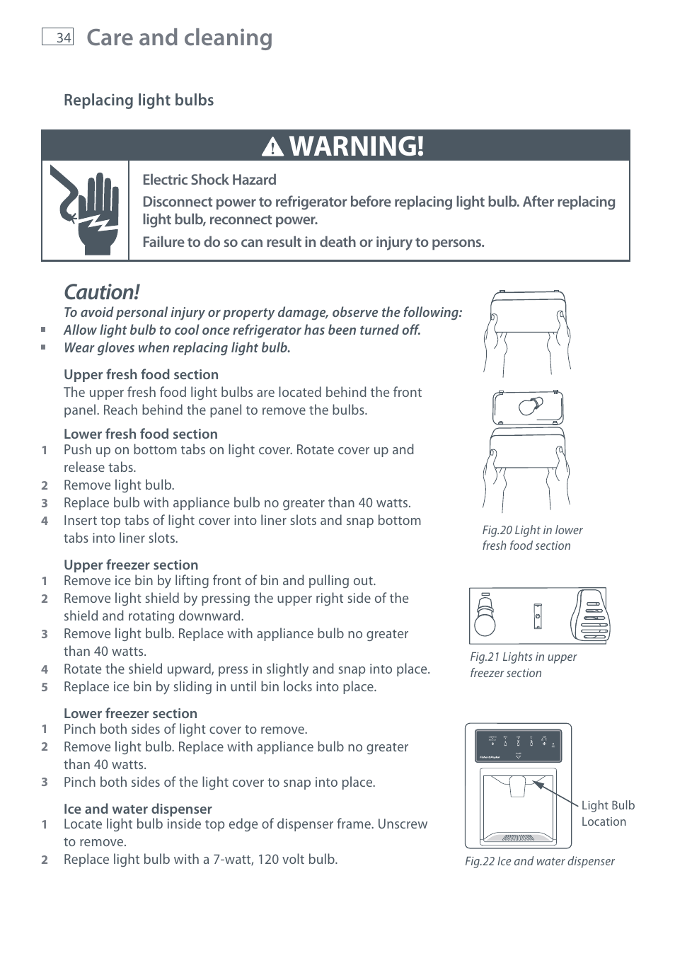 Warning, Care and cleaning, Caution | Fisher & Paykel RX256 User Manual | Page 36 / 148