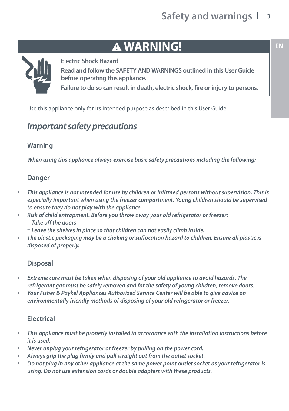 Warning, Safety and warnings, Important safety precautions | Fisher & Paykel RX256 User Manual | Page 5 / 148