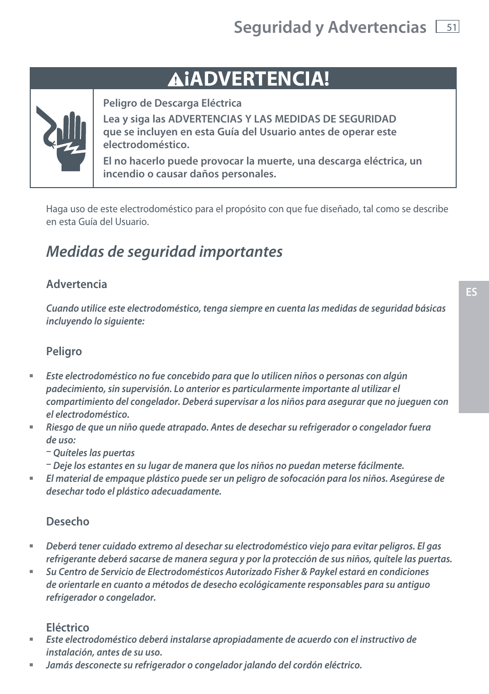 Advertencia, Seguridad y advertencias, Medidas de seguridad importantes | Fisher & Paykel RX256 User Manual | Page 53 / 148