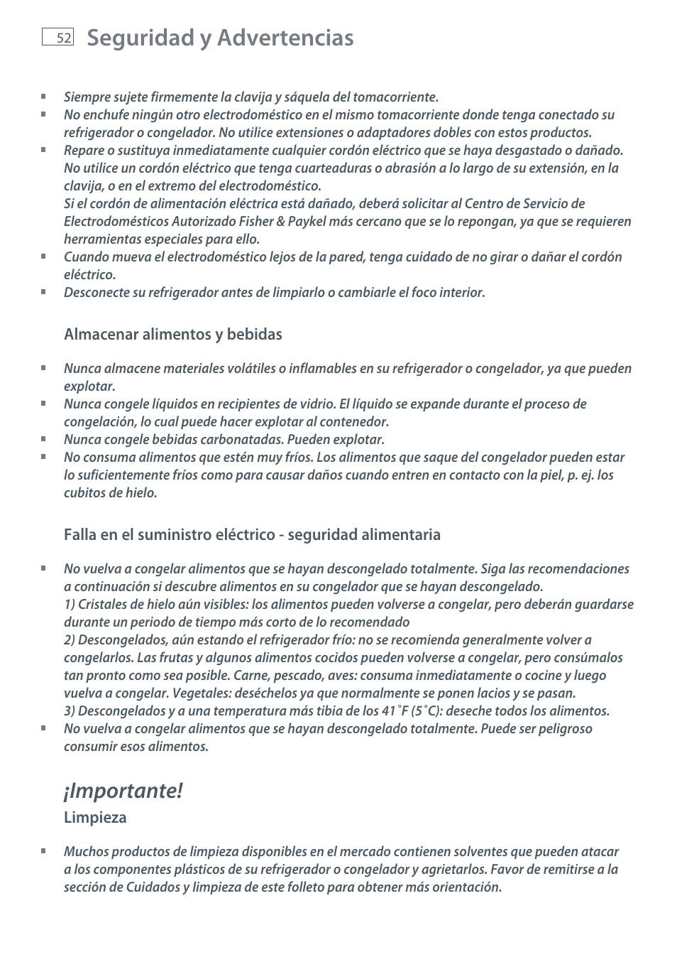 Seguridad y advertencias, Importante | Fisher & Paykel RX256 User Manual | Page 54 / 148