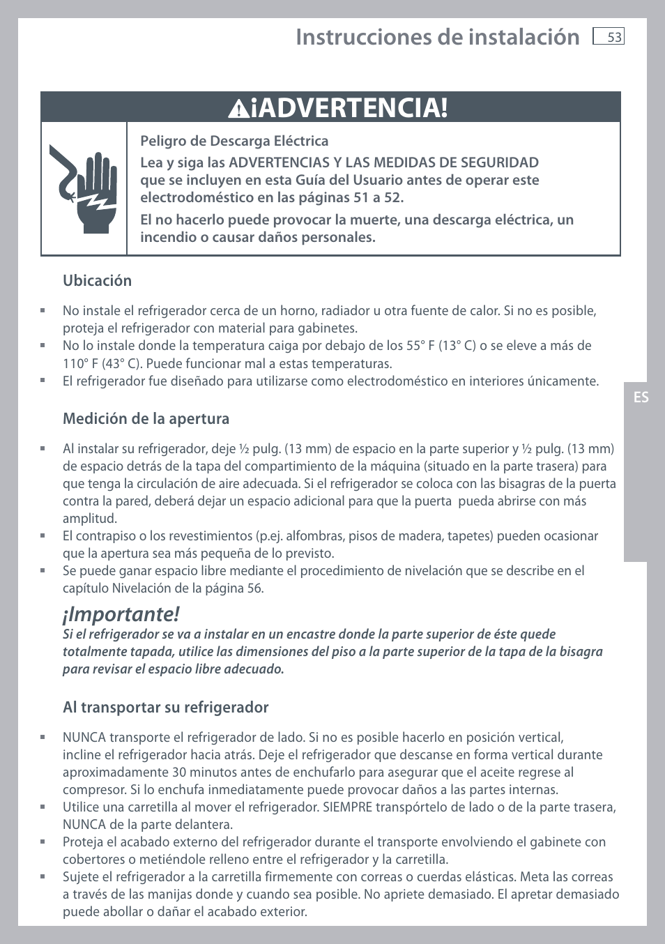 Advertencia, Instrucciones de instalación, Importante | Fisher & Paykel RX256 User Manual | Page 55 / 148