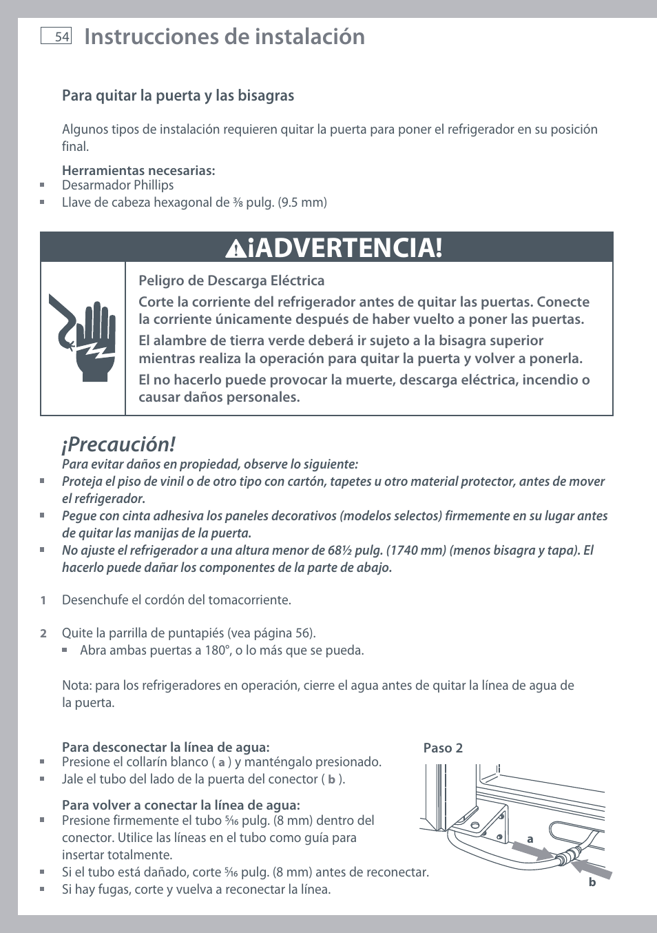 Advertencia, Instrucciones de instalación, Precaución | Fisher & Paykel RX256 User Manual | Page 56 / 148
