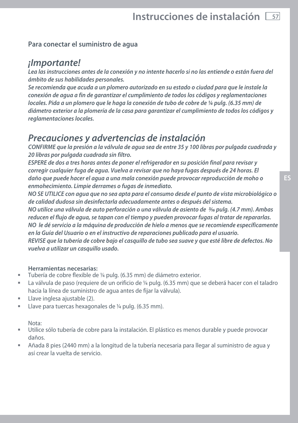 Instrucciones de instalación, Importante, Precauciones y advertencias de instalación | Fisher & Paykel RX256 User Manual | Page 59 / 148