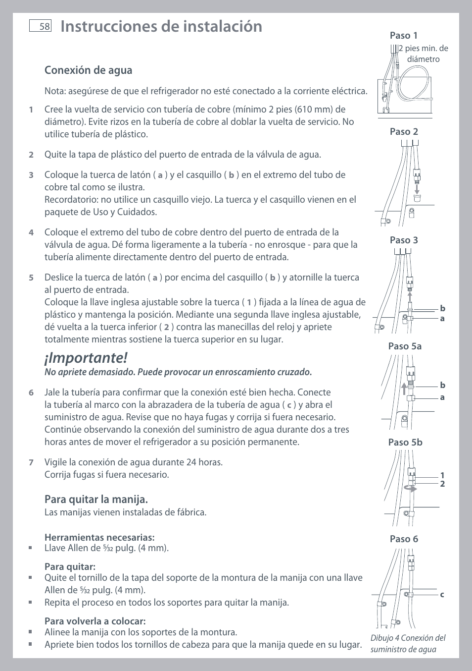 Instrucciones de instalación, Importante | Fisher & Paykel RX256 User Manual | Page 60 / 148