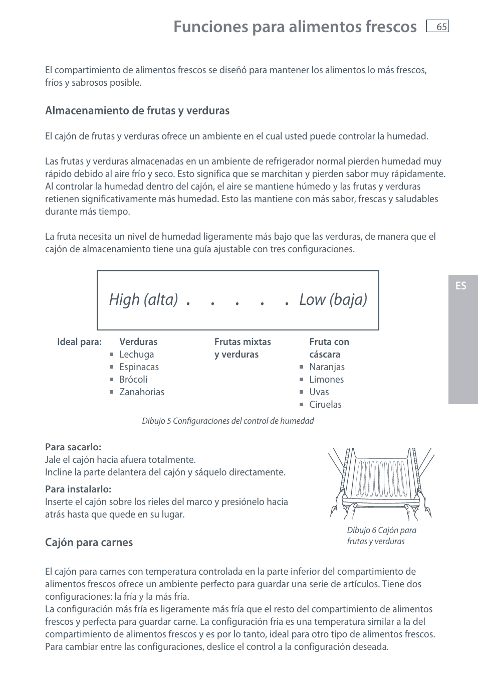 Funciones para alimentos frescos, High (alta) low (baja) | Fisher & Paykel RX256 User Manual | Page 67 / 148