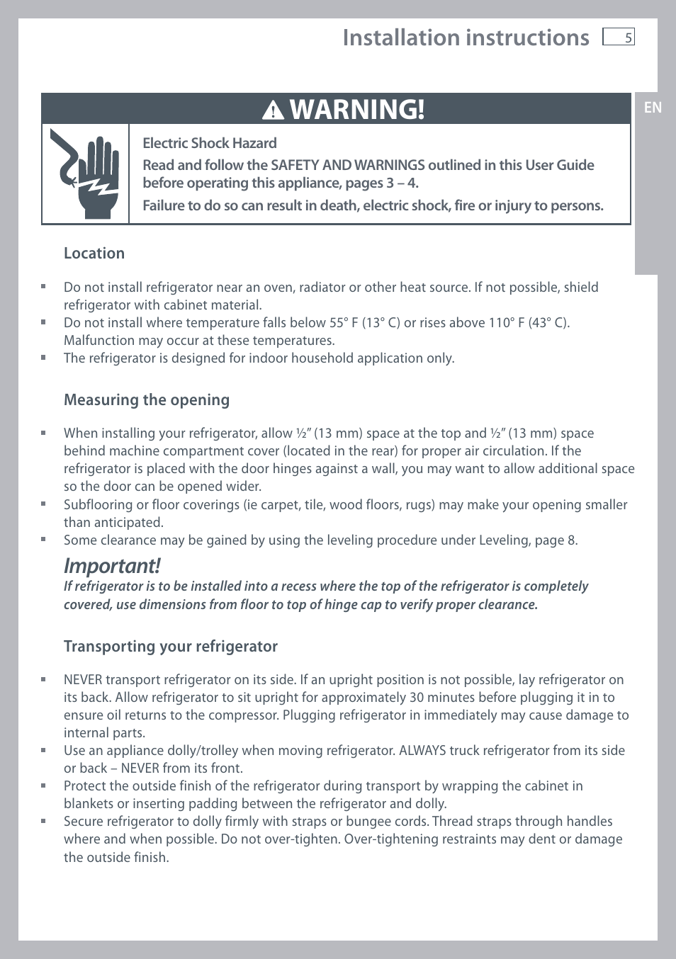 Warning, Installation instructions, Important | Fisher & Paykel RX256 User Manual | Page 7 / 148