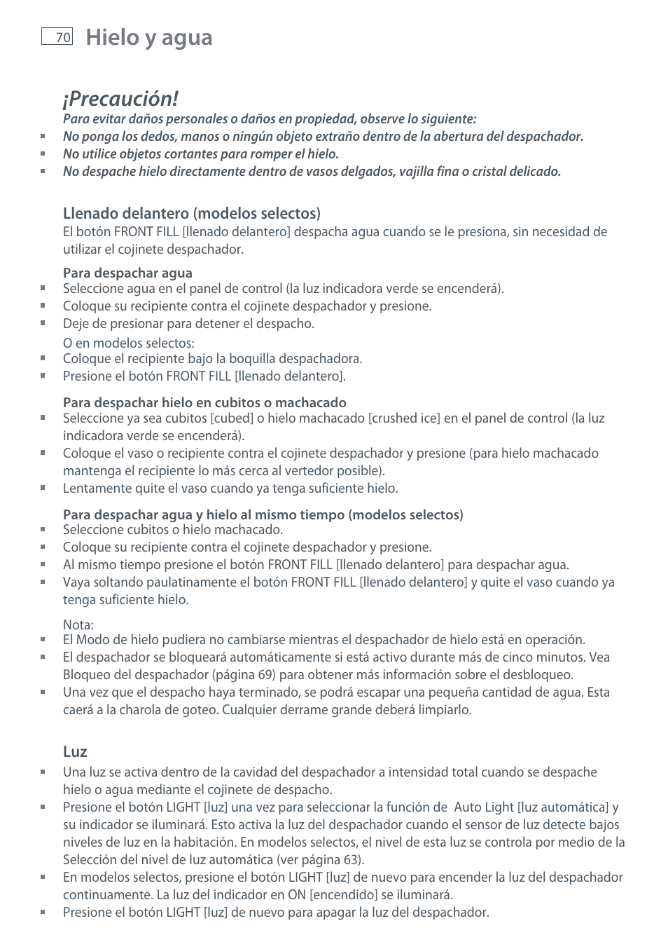 Hielo y agua, Precaución | Fisher & Paykel RX256 User Manual | Page 72 / 148