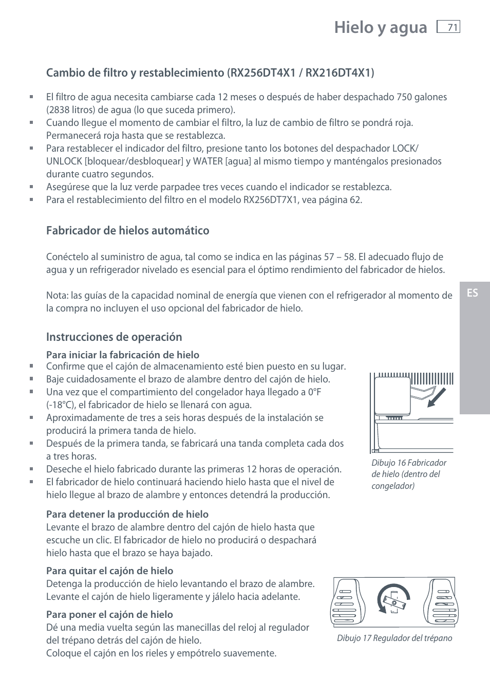 Hielo y agua | Fisher & Paykel RX256 User Manual | Page 73 / 148