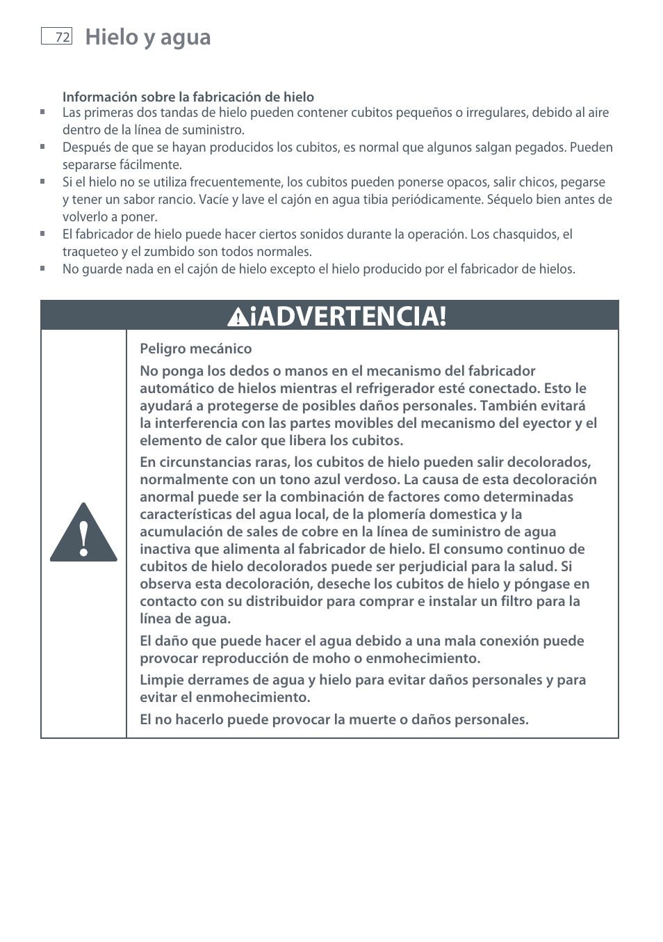 Advertencia, Hielo y agua | Fisher & Paykel RX256 User Manual | Page 74 / 148