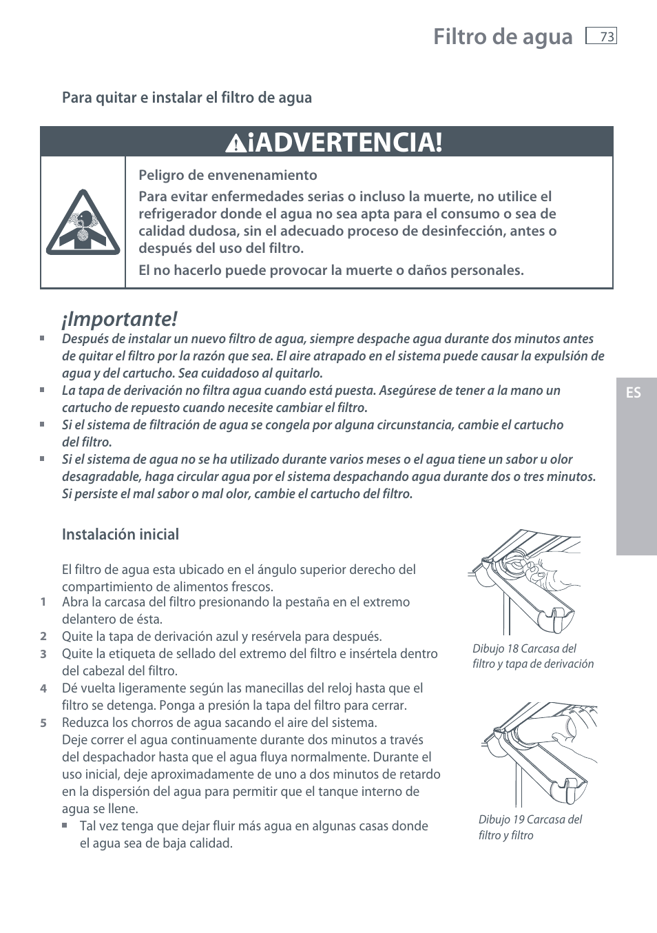 Advertencia, Filtro de agua, Importante | Fisher & Paykel RX256 User Manual | Page 75 / 148