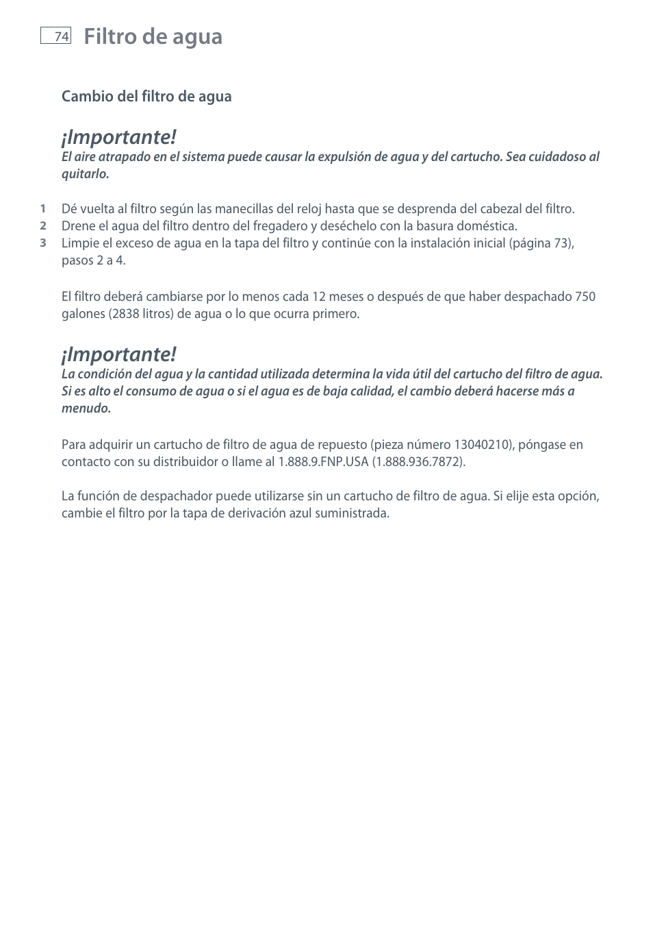 Filtro de agua, Importante | Fisher & Paykel RX256 User Manual | Page 76 / 148