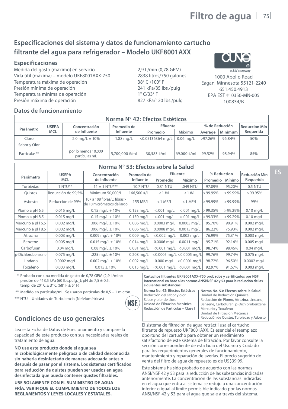 Filtro de agua, Condiciones de uso generales, Especificaciones | Datos de funcionamiento, Norma n° 42: efectos estéticos, Norma n° 53: efectos sobre la salud | Fisher & Paykel RX256 User Manual | Page 77 / 148