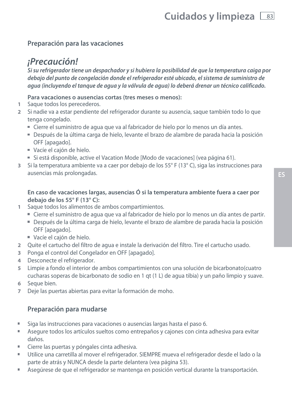 Cuidados y limpieza, Precaución | Fisher & Paykel RX256 User Manual | Page 85 / 148