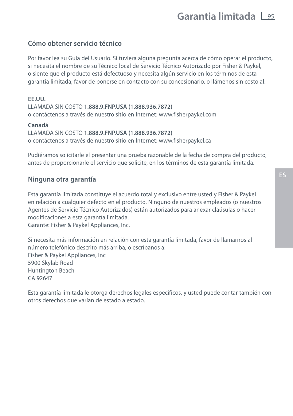 Garantia limitada | Fisher & Paykel RX256 User Manual | Page 97 / 148