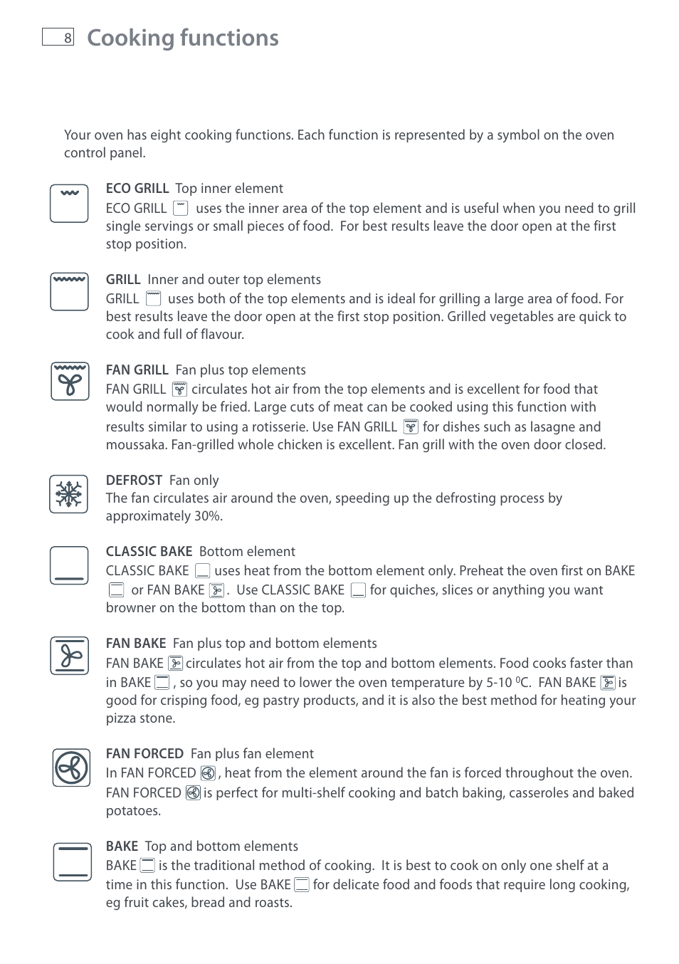 Cooking functions | Fisher & Paykel DI1203 User Manual | Page 10 / 36