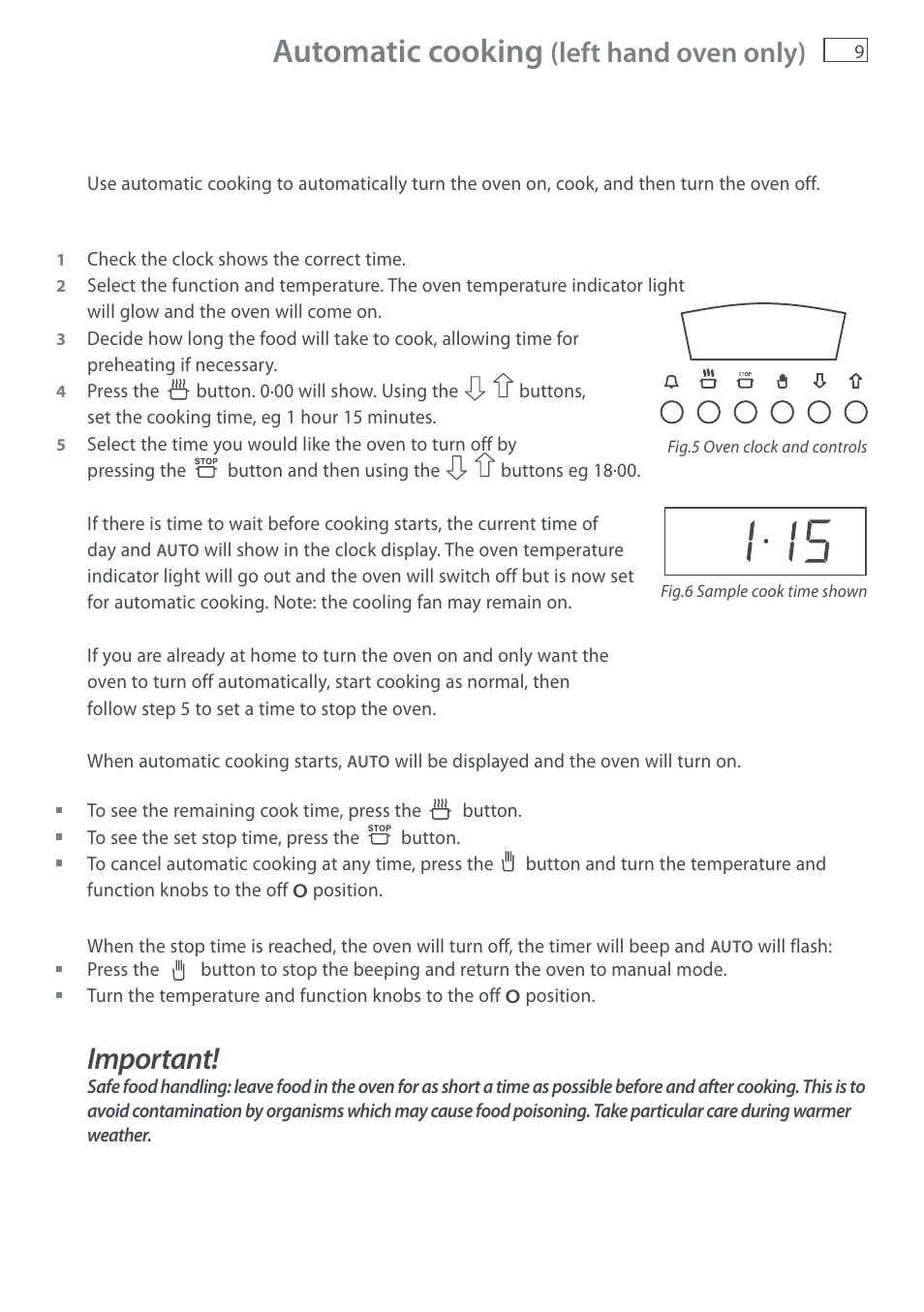 Automatic cooking, Important, Left hand oven only) | Fisher & Paykel DI1203 User Manual | Page 11 / 36