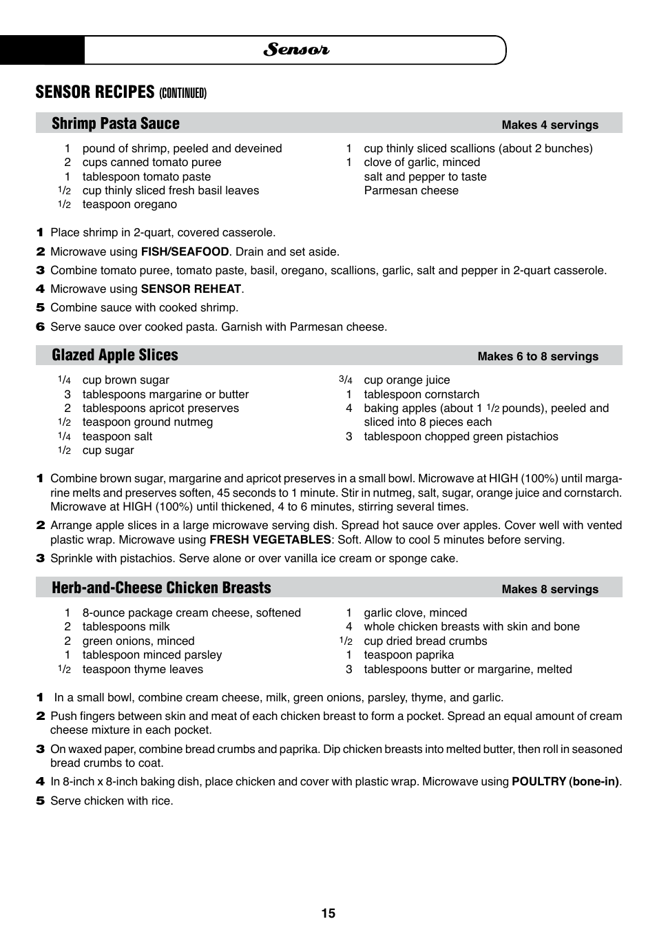 Sensor, Sensor recipes, Shrimp pasta sauce | Glazed apple slices, Herb-and-cheese chicken breasts | Fisher & Paykel MO-24SS User Manual | Page 16 / 33