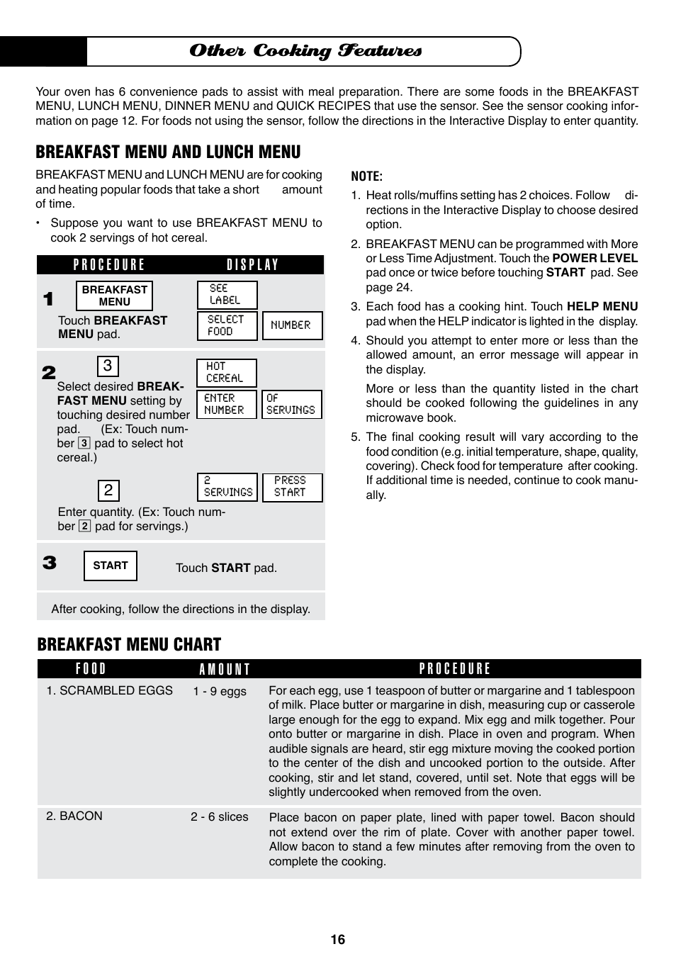 Other cooking features, Breakfast menu chart, Breakfast menu and lunch menu | Fisher & Paykel MO-24SS User Manual | Page 17 / 33