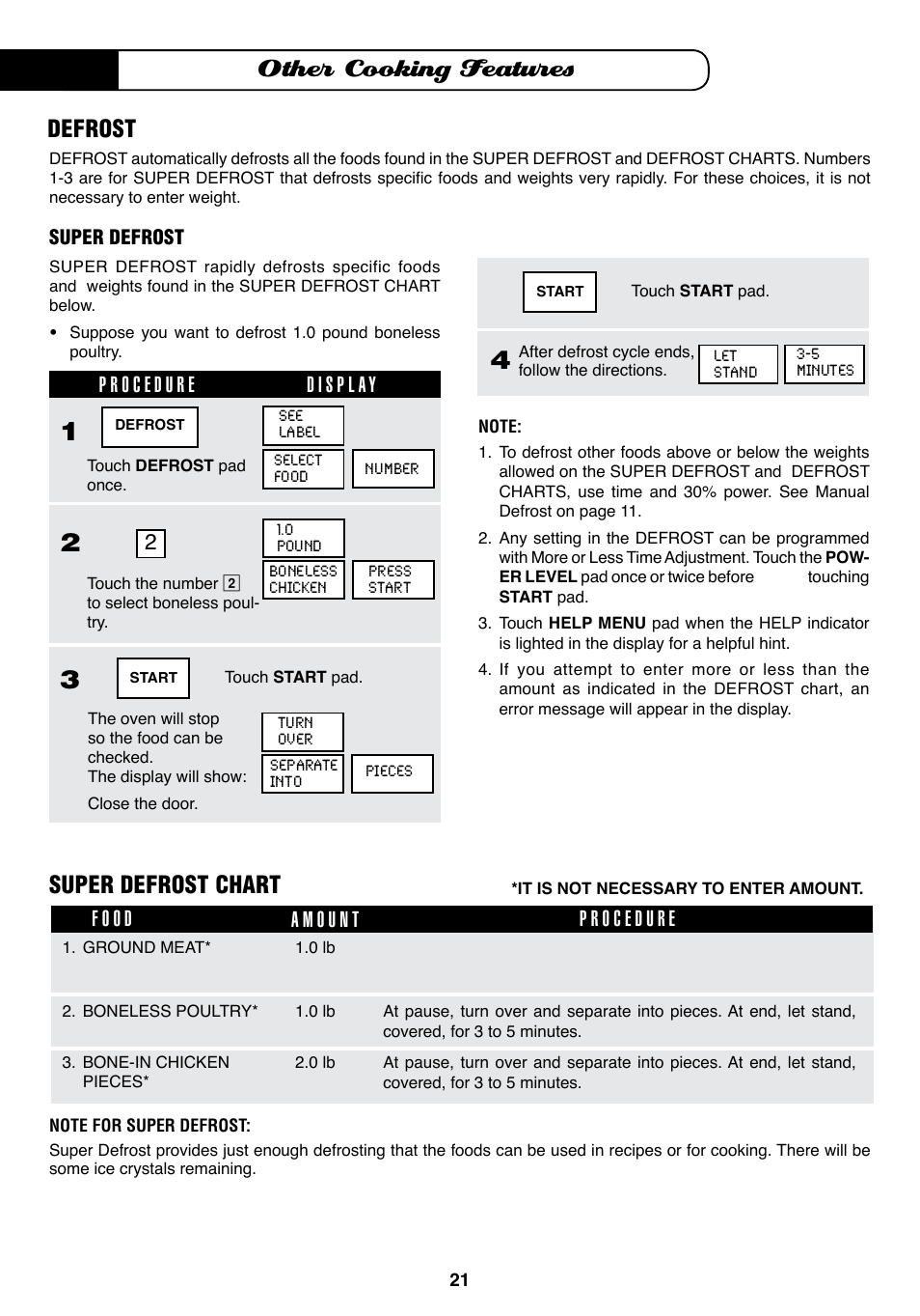 Other cooking features, Defrost, Super defrost chart | Fisher & Paykel MO-24SS User Manual | Page 22 / 33